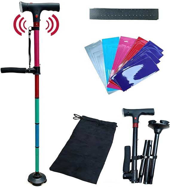 Smart Walking Cane for Seniors, Adjustable Foldable Cane with Led Light, Alarm, Dual Handles, Anti-Slip Handle Straps, Storage Bag, and DIY Color Stickers for Men and Women, Safety Support Design