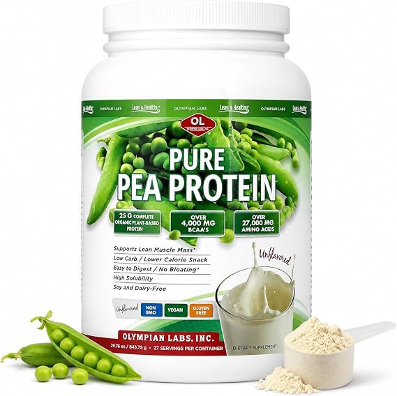 Olympian Labs Plant Based Pea Protein Powder, Unflavored - 25g of Protein, Vegan, Low Net Carbs, Gluten Free, Lactose Free, No Sugar Added, Soy Free, Non-GMO, 2 Pound Pea Protein Powder