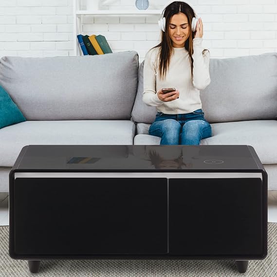 Modern Smart Mini Coffee Table with Built in Fridge, Outlet Protection,Wireless Charging Module,Mechanical Temperature Control,Power Socket,USB Interface and Ice Water Interface.