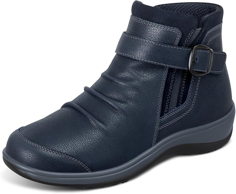 Orthofeet Heidi Orthopedic Women's Leather Boots | Slip Resistant Ultra-Soft Booties with Inner Zipper, Adjustable Buckle, Arch Support & Ergonomic Cushioning for All-Day Wear