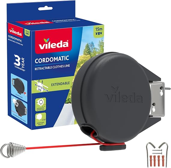 Vileda Single Cordomatic Retractable Washing Line, 15m, Holds up to 15kg | Extendable Clothes Line with Automatic Retraction, UV‑Protected Case & Steel Fittings, Wall Mounted for Indoor & Outdoor Use