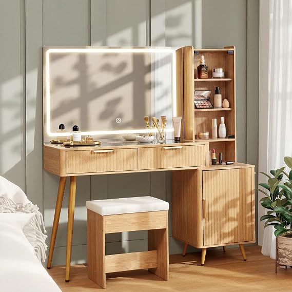 48" Fluted Makeup Vanity Desk with Lighted Mirror, Glass Top & Charging Station, Vanity Set with Upholstered Stool, Large Drawers & Cabinet Storage, Modern Dressing Table for Bedroom, Oak