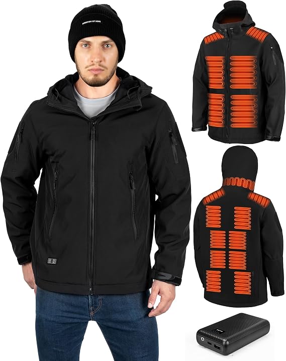 Heated Jacket for Men with tter Pack, Winter Soft Shell Windproof Mens Heated Jacket Coat with 17 Heat Zones