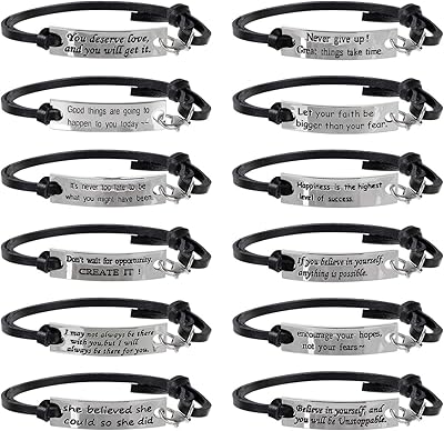 AleapDoll Christmas Stocking Stuffers Gifts 12 Pcs Bulk Inspirational Gifts Leather Bracelets for Women Motivational Quotes Message Encouragement Cuff