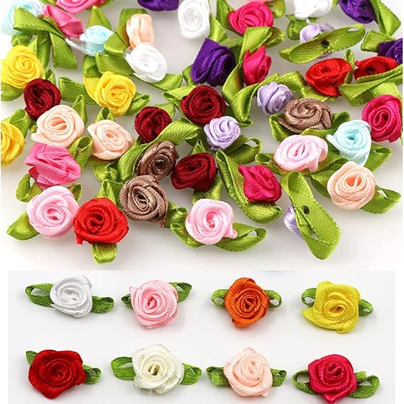 LOPURO Mini Ribbon Roses, 100Pcs Artificial Fabric Flowers with Green Leaves Mixed Color Rosettes Mini Ribbon Roses for Crafts Sewing DIY Craft Decoration Wedding Festival Accessories (Mixed Color)
