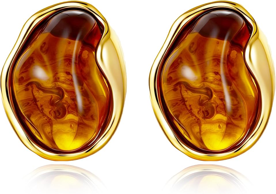 Amber Resin Heart Stud Earrings for Women Gold-Plated Statement Studs Lightweight Acrylic Trendy Jewelry