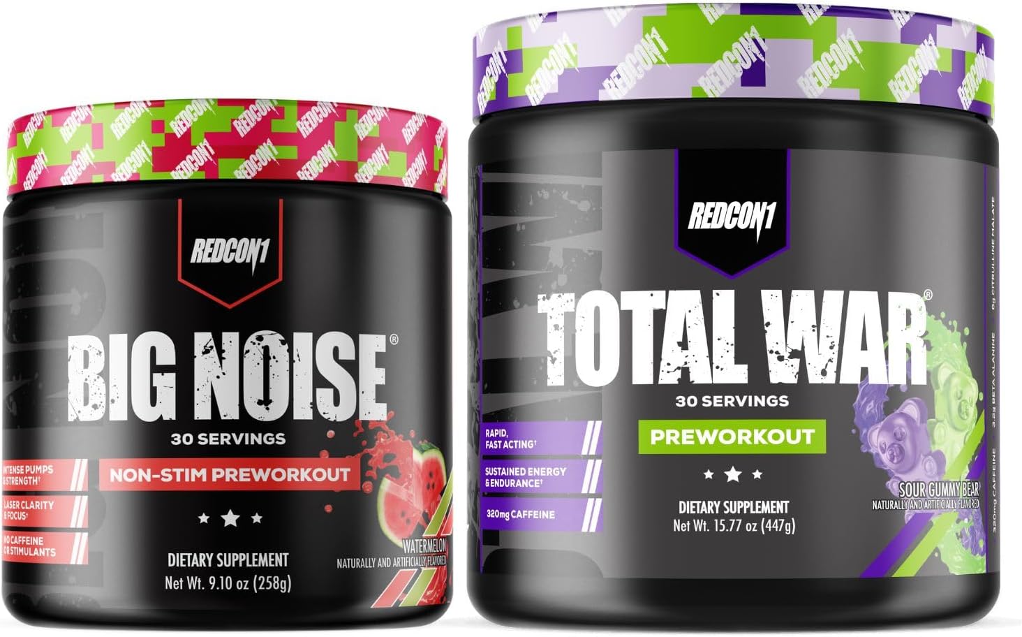 REDCON1 Total War Preworkout Sour Gummy Bear & Big Noise Non-Stim Preworkout Powder Watermelon Stack - Pre Workout Duo for Energy, Focus & Endurance - Keto 2 Products, 30 Servings Each