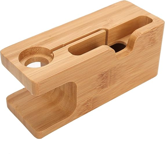 Pssopp Bamboo Charging Station, Wooden Charging Station Desktop Docking Station Organizer for Cellphone Smart Watch Tablet Charging Cables