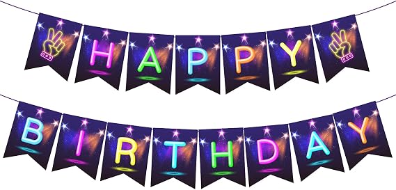 Glow Happy Birthday Banner, Glow Party Decoration, Glow in The Dark Letters Theme Party Supplies Boys Girls Kids Home Classroom Baby Showers Birthday Party Decorations Club Bar Hanging Flags