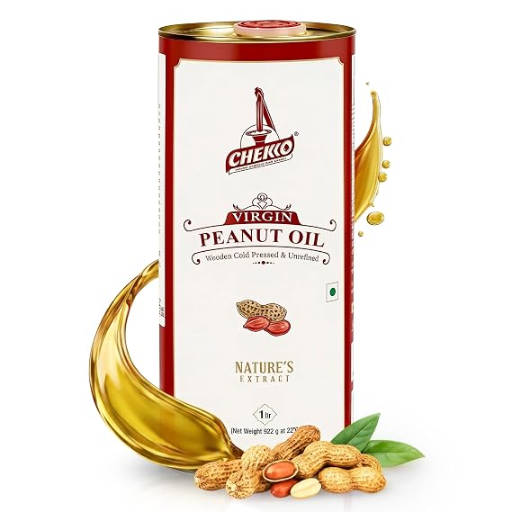 Chekko Cold Pressed Peanut Oil 1L (33 Fl Oz) | 100% Pure Wood Pressed Groundnut Oil | Unrefined Peanut Oil for Deep Frying, Roasting & Everyday Cooking | Non-GMO Natural Cooking Oil