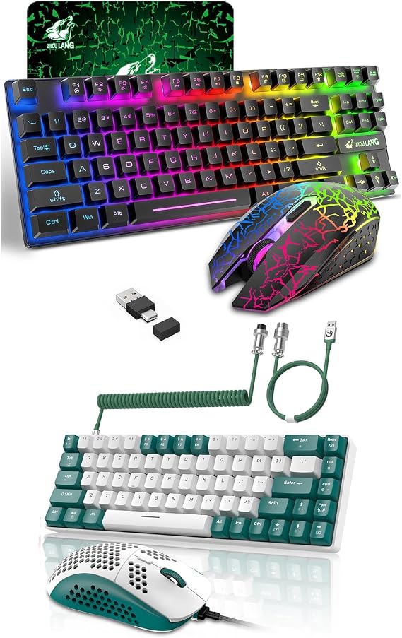 Wireless Membrane Gaming Keyboard and Mouse Black and Wired RGB Mechanical Keyboard and Mouse with Coiled Cable Green/Blue Switch