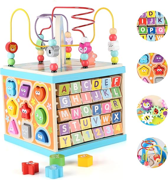 Qilay 5-in-1 Wooden Activity Cube for Toddlers 1-3(Large),Multipurpose Toddler Activity Center with Bead Maze & Shape Sorter, Early Educational Toy First Birthday Present for Boys Girls