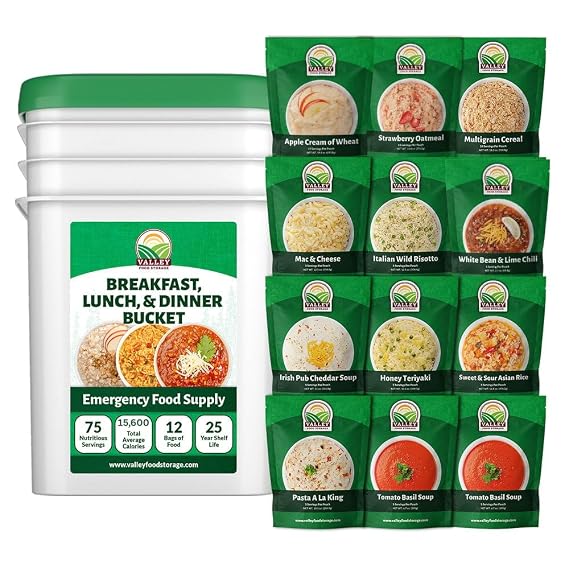 Valley Food Storage 80 Serving Emergency Food Supply Bucket | Breakfast, Lunch & Dinner Survival Meals | 25 Year Shelf Life Prepper Food for Disaster Preparedness, Camping & Off-Grid Living