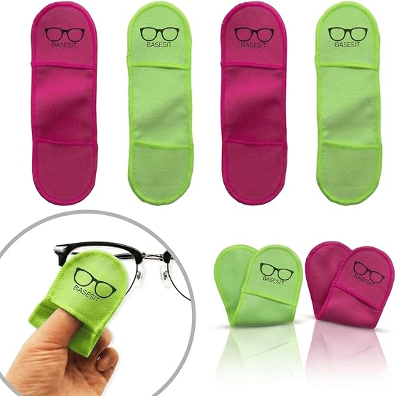 Finger Grip Eyeglass Cleaner (4 Pack) Premium Microfiber Glasses Cleaning Cloth for Eyeglasses, Sunglasses, Phone Screen & Camera Lens (Rose/Green)