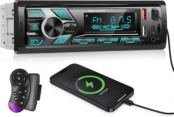 SIXTOP Car Stereo Bluetooth Single Din Car Radio Audio with Hands Free Calling & Music Streaming FM Radio USB/Type-C Fast Charging,USB/AUX/SD Card 7 Color LED MP3 Player for Cars, Boats & RVs, No CD