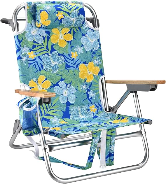 Portable Backpack Beach Chair for Adults Capacity 300 LBS 5 Position | with Pouch Straps Folding Lightweight Reclining Headrest Cup Holder Towel Bar Wide Lay Flat Single