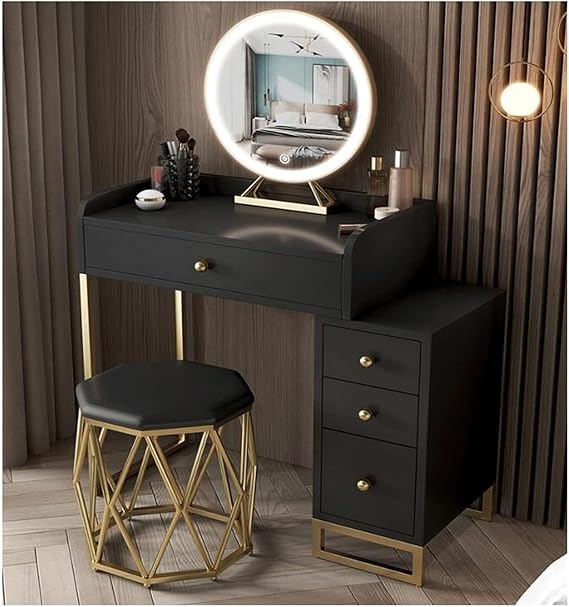 Modern Makeup Vanity Set with LED Mirror (3 Colors), Elegant Dressing Table with Padded Stool, Stylish Bedroom Desk with Storage Drawer for Beauty Essentials