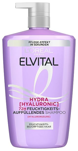 L'Oréal Paris Elvital Hydra Hyaluronic Moisturising L Shampoo for Shiny Hair Hyaluronic Shampoo for Moisture Boost & Protection Long-Lasting Moisture and Care 1000 ml