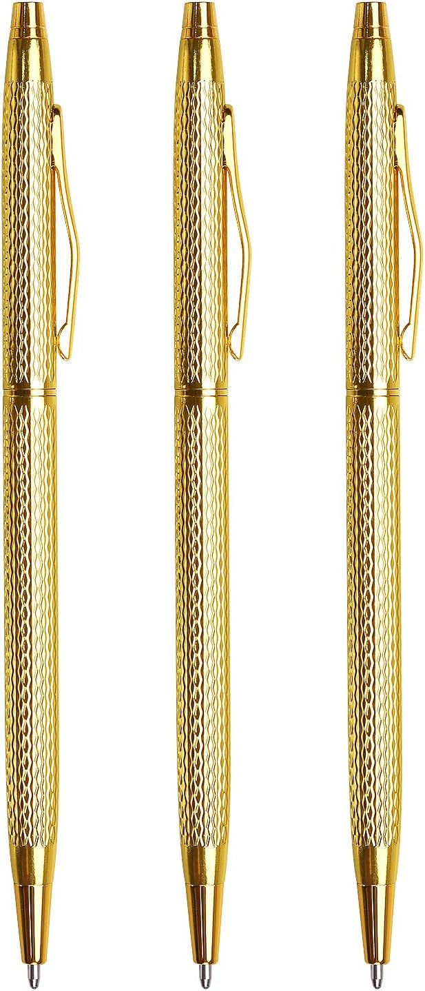 LONGKEY 3 Pack Slim Metallic Retractable Ballpoint Pens Black Ink, Nice Gift for Business Office Students Teachers Wedding Christmas Gold