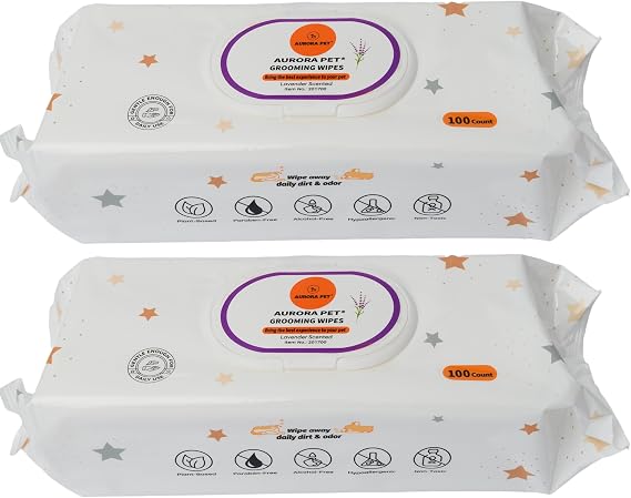 Aurora Pet Wipes 100% Natural, Plant-Based Hypoallergenic Grooming Wipes for Dogs & Cats Extra-Durable, Large & Thick for Effortless Cleaning (Lavender, 200 Count)