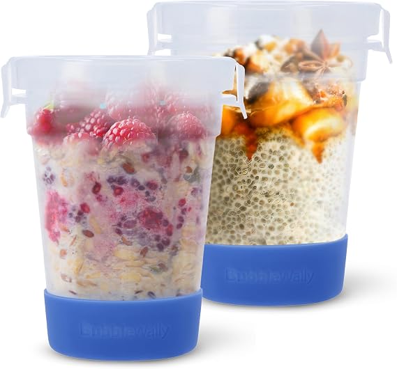 JoyPlus Overnight Oats Containers with Lids (2-Piece Set Lock Lid) - 16 Oz Overnight Oats Jars, Plastic Food Storage Containers with Lids Airtight for Oatmeal, Cereal, Yogurt, Chia Pudding