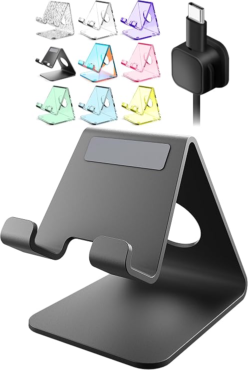 Cell Phone Stand for Desk, Device Holder, Cradle, Holder, Metal Phone Stand with Cable Collective for Office Desk, Bedside Table Compatible with iPhone 17 16 Pro Max and All Smart Phones - Black