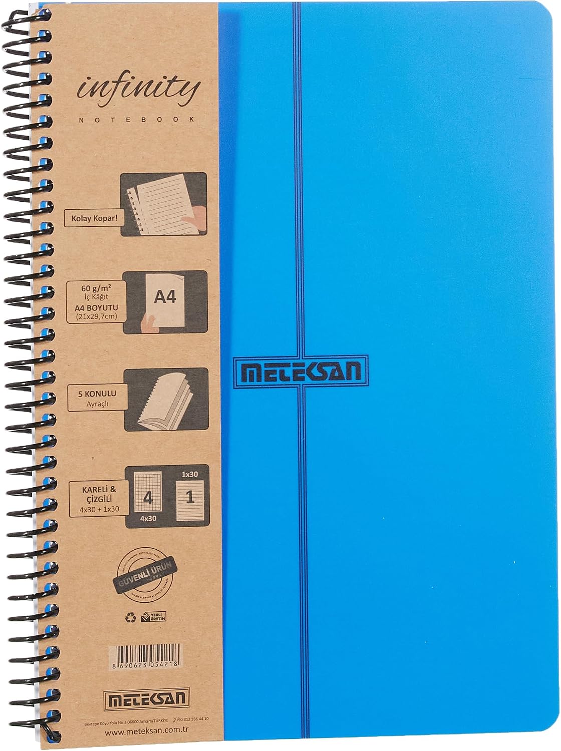 Meteksan Infinity Primary Series, A4, 5-Theme 4 Squared, 1 Striped 150-Leaf PP Spiral Notebook with Cover, Navy Blue