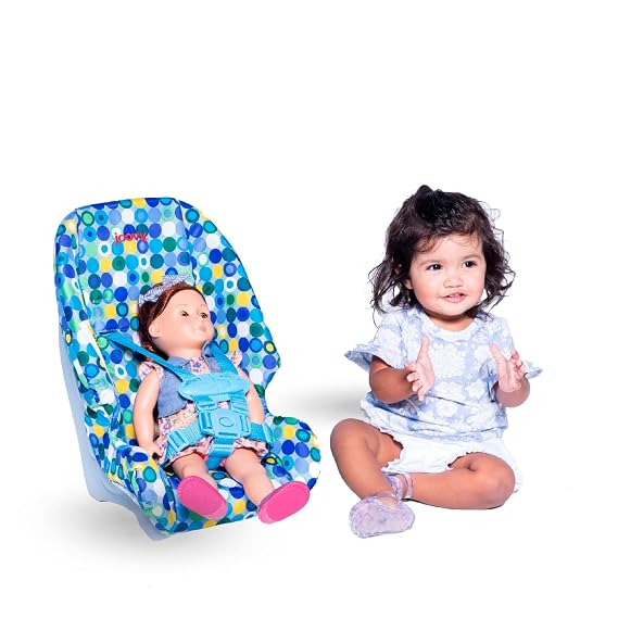 Joovy Toy Booster Seat & Functional Doll Car Seat Featuring Crash-Tested Latch System for Safety, Machine-Washable Cover for Easy Cleaning, and Five-Point Harness - Fits Dolls 12 to 22, Blue