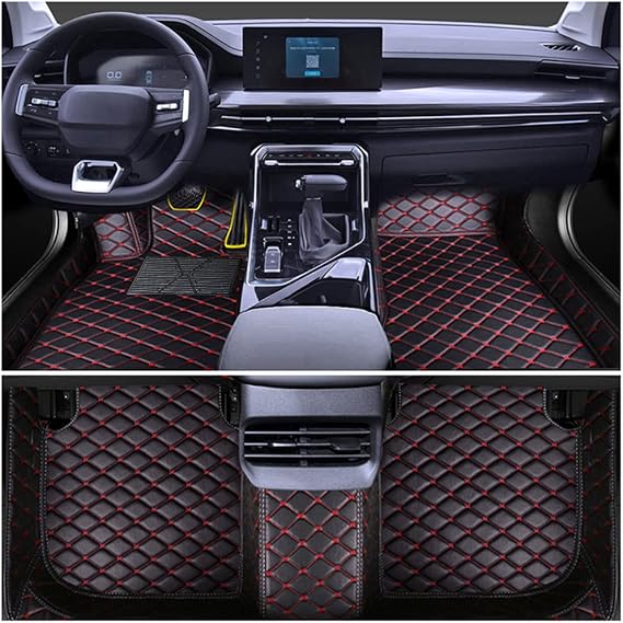 Leather Car Floor Mats for 6 2006-2011 Front & Rear Full Coverage Liner/Set (Black Red)