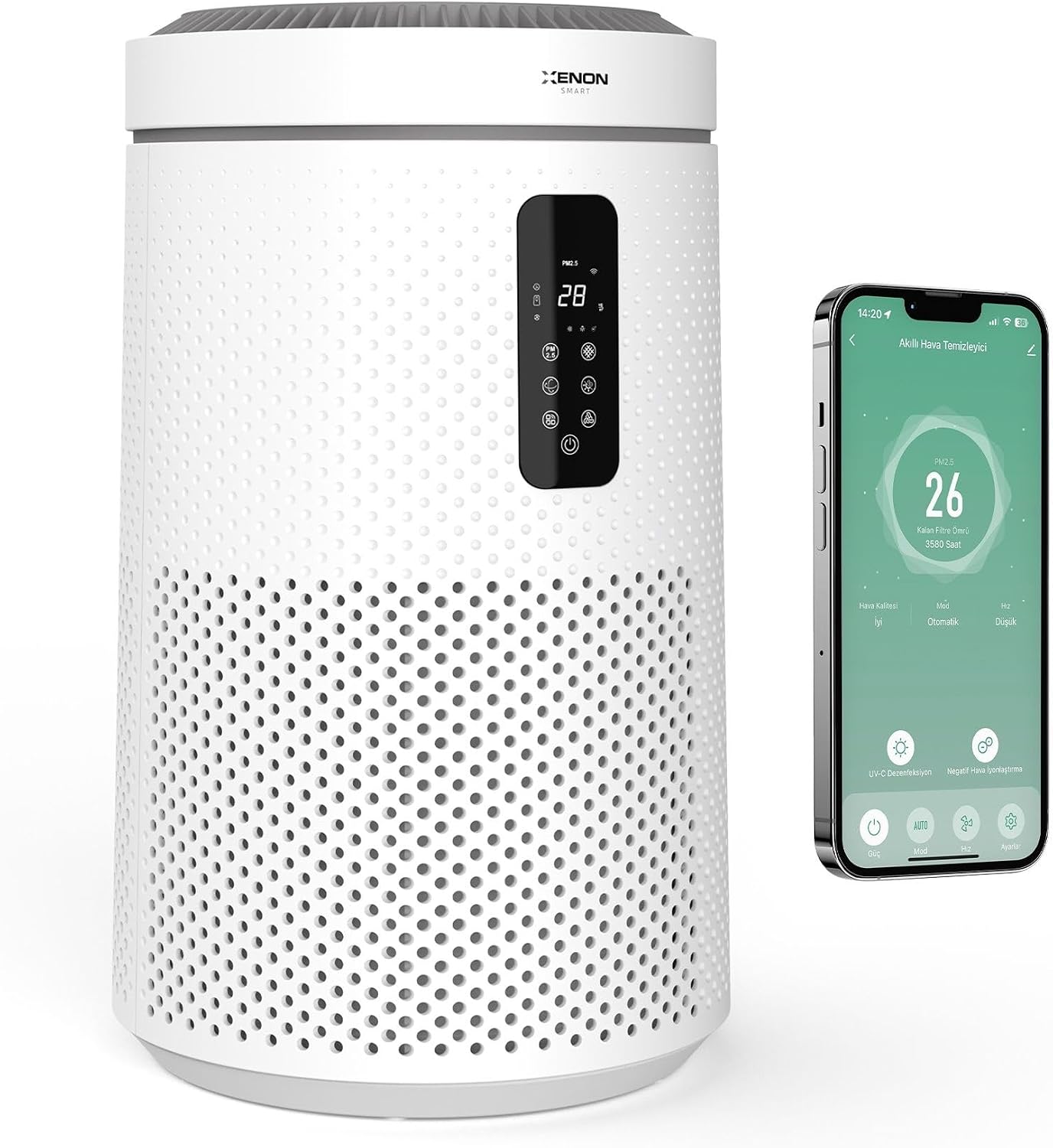 Xenon Smart Akıllı Hava Temizleyici Wi-Fi Mobil Uygulama Ambiyans Aydınlatma Aromaterapi Özellikli CADR 360m³s 3 Katmanlı Antialerjik HEPA13 Filtreli Sessiz Çalışan Hava Temizleme Cihazı X7421
