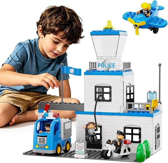Large Police Station Toy, Classic Big Building Blocks Police Toys | 3 Police Figures/Prisoner, Police Motorcycle/Car/Helicopter, 76Pcs Compatible with DUPLO LEGO Police Station Playset for Kids