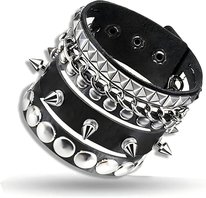 3Pcs Punk Rock Leather Bracelets Set, Punk Studded Bracelet Spiked Leather Cuff Bracelet for Men Women, Adjustable Gothic Wrap Wrist Cuffs Emo Jewellery