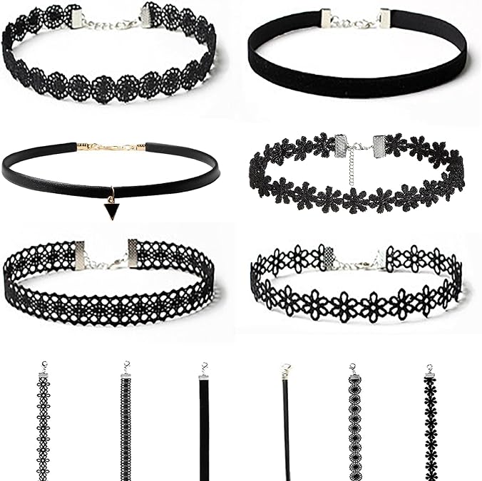 6 PCS Black Lace Choker Set Classic Gothic Necklaces for Women Adjustable Fit, Edgy & Elegant Style