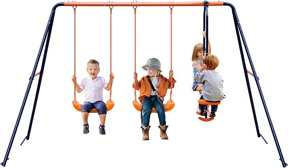 Metal Swing Set with 2 Belt Swings, 1 Seesaw Play Set, Heavy Duty Metal A-Frame Garden Double Swing Slider Set for Children Kids, Garden, Playground, Backyard, Outdoor, 440lbs