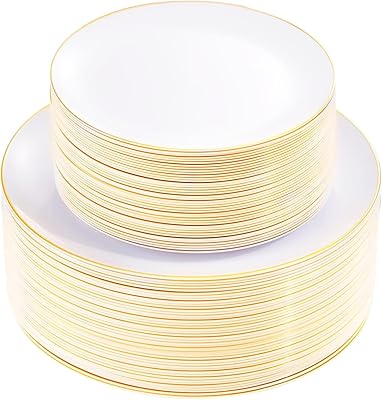 KIRE 100PCS Disposable Plates - White with Gold Rim for EasterWeddingSpring Party- Includes 50Pieces 10.25inch Dinner and 50Pieces 7.5inch DessertSalad Plates
