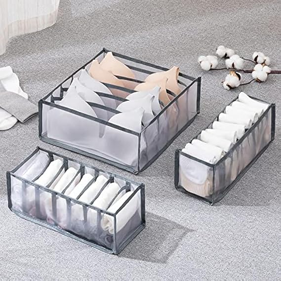 TOPARCHERY 3 Set Underwear Organizer, Foldable Bra Underwear Drawer Organizer Divider Bins for Underwear, Socks, Ties, Bras, Underwear Storage Compartment Box (Gray)