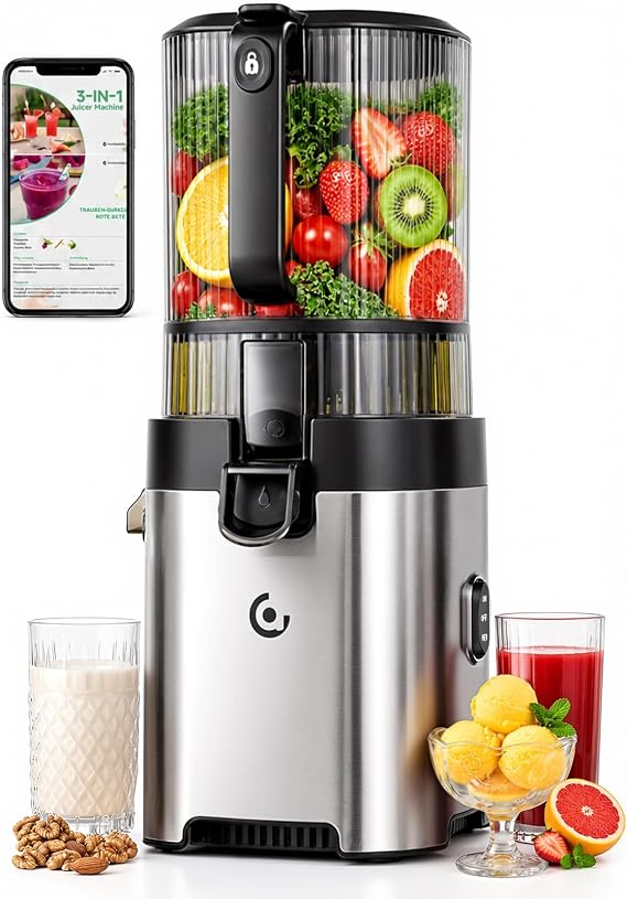 AMZCHEF Cold Press Juicer, 6.5" Whole Fruit Self-Feeding Slow Juicer