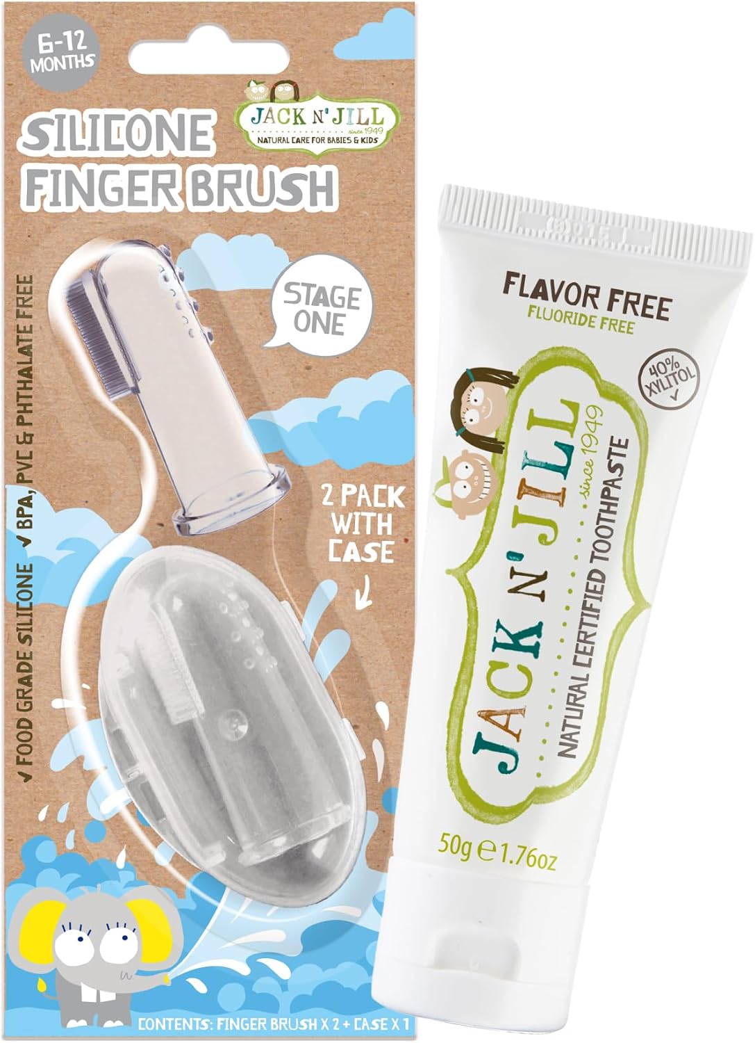 Jack N Jill Stage 1 Silicone Finger Toothbrush and Toothpaste for Babies & Toddlers, Unflavored Natural Toothpaste, Bundle - Baby Toothbrush 6 to 12 Months - Two Brushes Plus Case, 1.76 Fl Oz