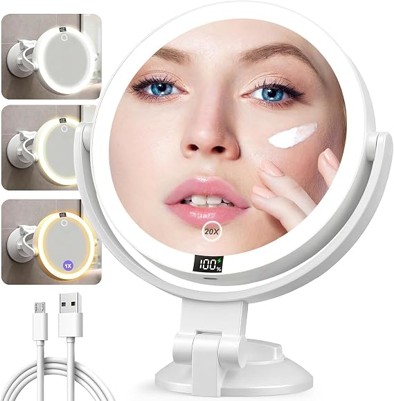 20X Magnifying Mirror Suction Cup with Lights, Wall Mounted Makeup Mirror | 2-Sided Vanity Mirror, 3 Color Lights & Brightness Adjustment, 360 Rotation, Rechargeable, Travel Mirror