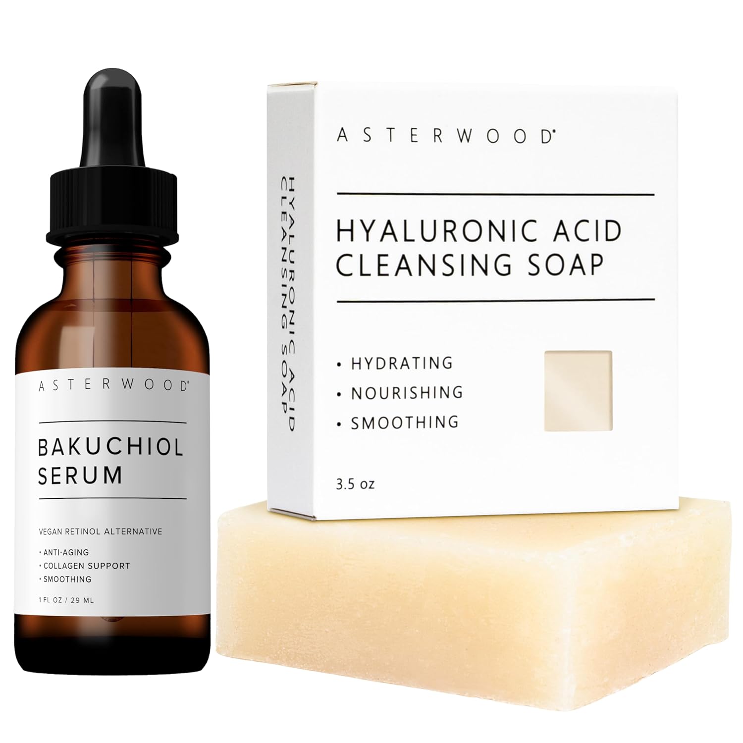 Asterwood Bakuchiol Serum 1 oz  Hyaluronic Acid Cleansing Face Soap 3.5 oz