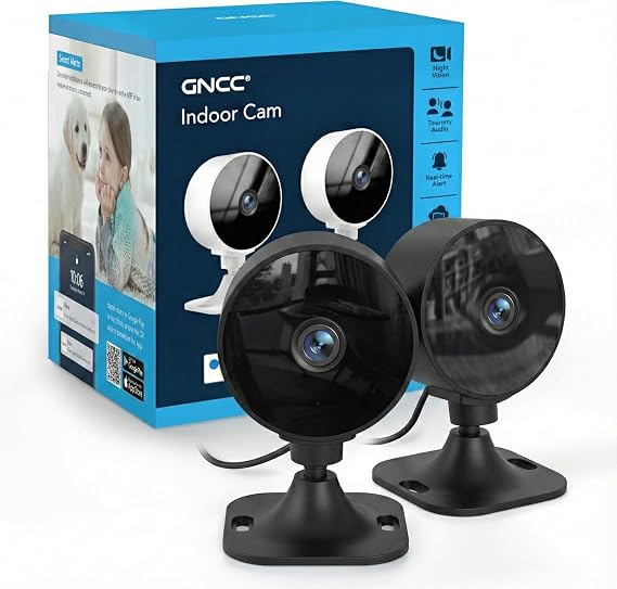 GNCC GC3 2-Pack Security Camera Indoor 1080P, CCTV Cameras for Home/Pet | IR Night Vision, 2 Way Audio, Fixed Lens, Easy Install, Works with Alexa, APP Alert, Plug-in, Cloud Subscription Required