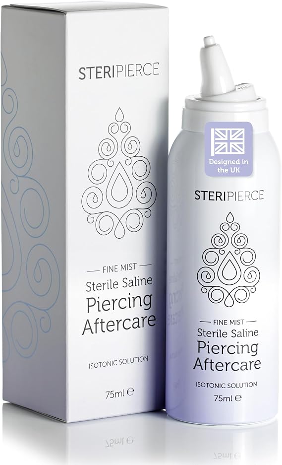 Sterile Saline Solution, Piercing Cleaning Solution for Nose, Ears, and Body Piercings, Contactless with Angled Nozzle, Non-Irritating and Hypoallergenic, Vegan, Cruelty Free (75ml)