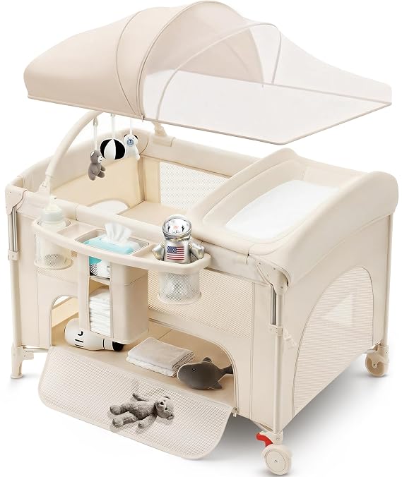 Pack and Play,Baby Bassinet,Playpen,Crib, Diaper Changer,Khaki | 4 in 1 Pack n Play with One-Hand Setup,  with Mattress,Mosquito Net,Storage Basket, Suitable for Newborn to Toddler
