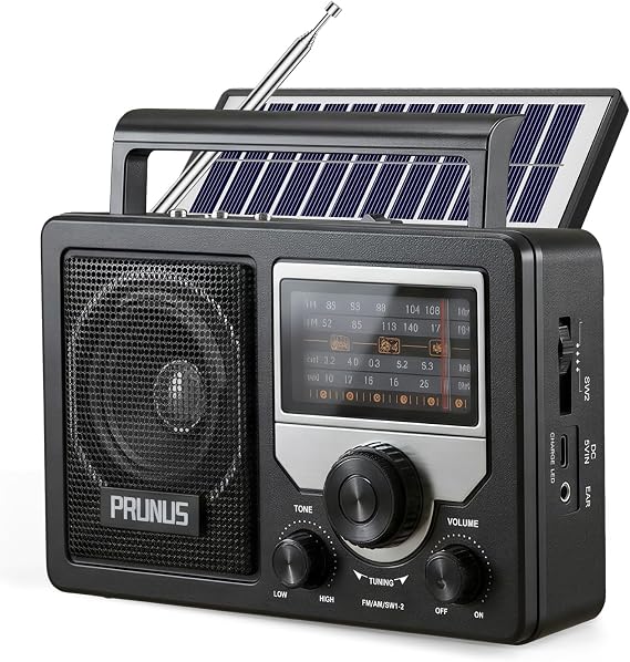 PRUNUS J-81 AM FM Radio Portable Bluetooth, Solar/D Battery Operated | USB-C Rechargeable for Emergency, Transistor Radios with Headphone Jack,Support TF Card/USB Playing, Large Knob Easy to Use