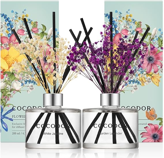 COCODOR Best Scents Flower Reed Diffuser Set / 6.7oz / 2 Pack/White Jasmine & Garden Lavender, Aromatherapy, Scent Diffuser with Sticks Home Fragrance for Bathroom Shelf Decor