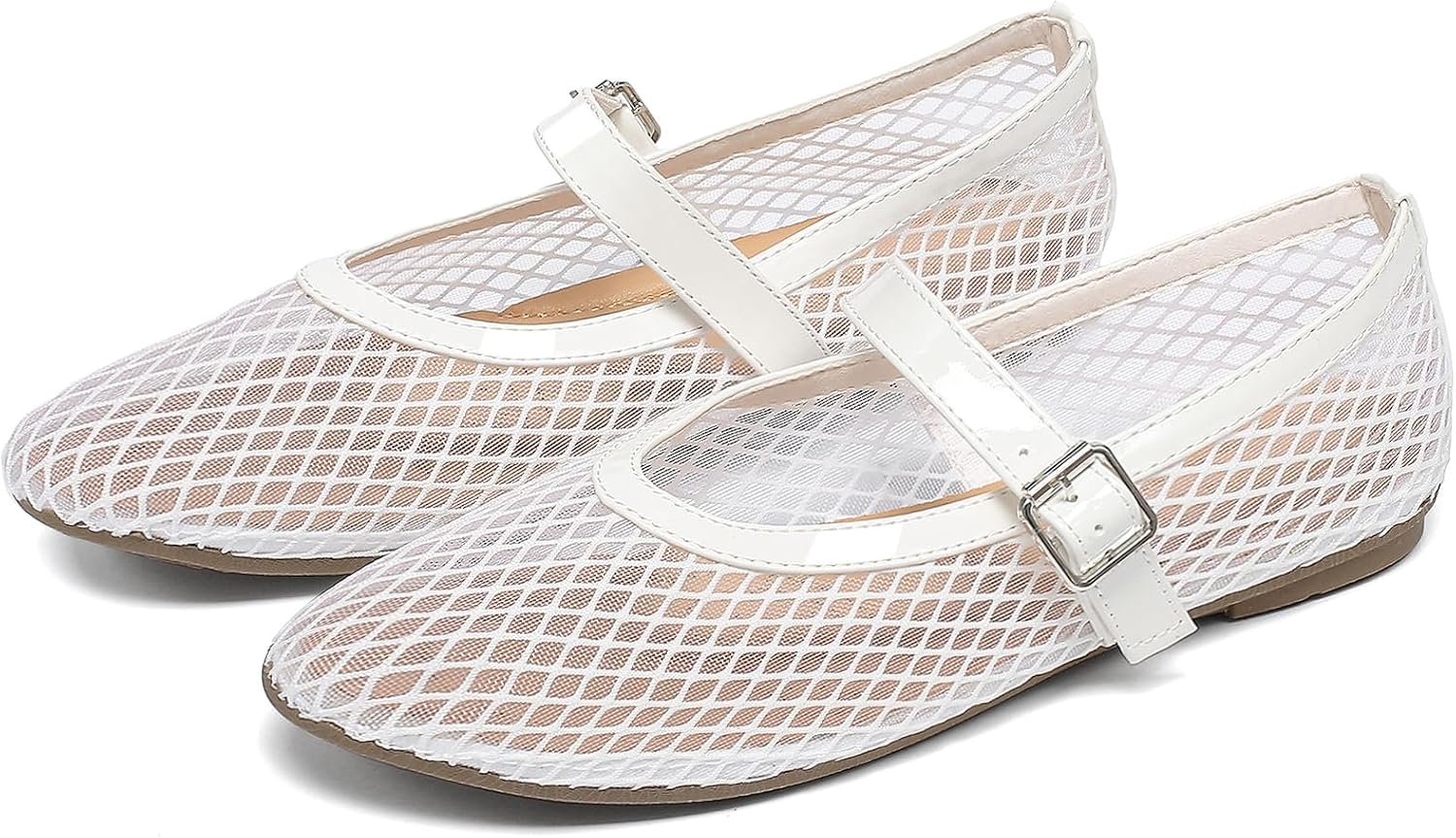 Womens Mesh Ballet Flats Round Toe Fishnet Ballerina Flats Buckle Strap Mary Jane Ballet Flats for Parties or Casual Dress Shoes