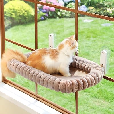 Zakkart SnugCloud Foldable Cat Window Perch - Cordless, Ultra Soft Machine Washable Bed with 4-Sided Bolster, Metal Frame - Window Hammock for Large Cats and Kittens Brown, Large