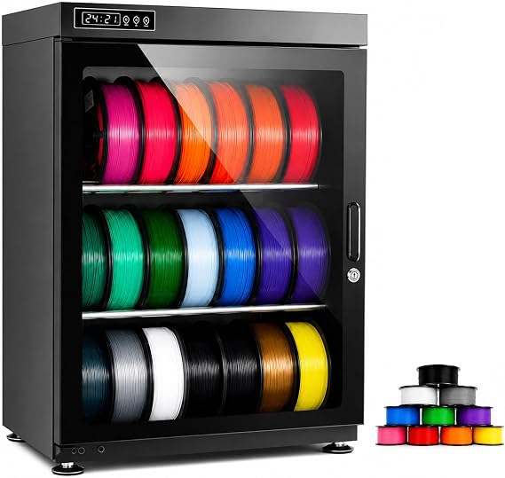 3D Printer Filament Dryer Box,Holds 10-18 Rolls, w/Auto Humidity Control (RH15%-RH60%), Transparent Glass & Aluminum Alloy, for PLA PETG ABS TPU 115L