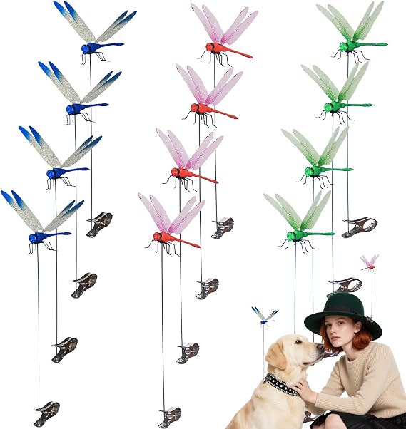 3D Dragonfly Clip,Dragonfly Garden Decor,Fake Dragonfly Hat Clip Fly Deterrent,Dragonfly Humming Bird Stakes (12 pcs)