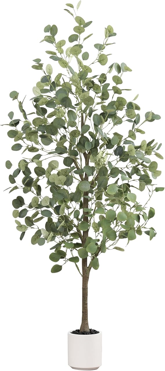 Faux Eucalyptus Tree 5FT Tall Artificial Eucalyptus Tree Indoor Outdoor, Fake Eucalyptus Plant with Green Silver Dollars Silk Leaves, Fake Floor Plants for Friend Housewarming Home Decor